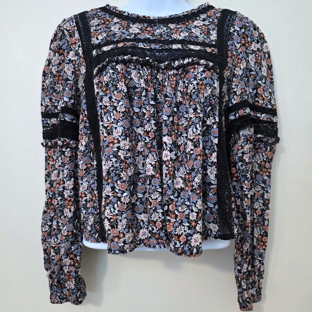 American‎ Eagle Dark Floral Peasant Babydoll Top Sz S Black Lace Boho Cottage